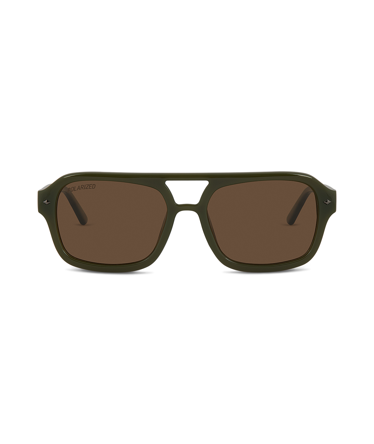Sunglasses with green frame and brown lenses on a white background